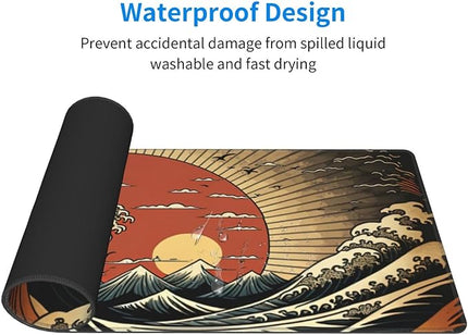 Japanese Wave Raising Sun Gaming Mouse Pad XL, Large Non Slip Rubber Mousepad, Stitched Edges Mouse Pads, Long Extended Mouse Pad,31.5'' X 11.8''