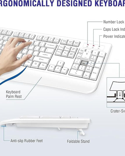 QUASIO Wireless Keyboard, 2.4G Full-Sized Ergonomic Wireless Computer Keyboard with Wrist Rest for Windows, Mac OS Laptop/PC/Desktop/Notebook(Off White)