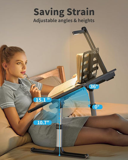 Laptop Bed Tray Desk with LED Desk Light, SAIJI Adjustable Laptop Stand for Bed, XX-Large PVC Leather Foldable Table with Book Stand,Wrist Rest, Extra Leg Room(Black)