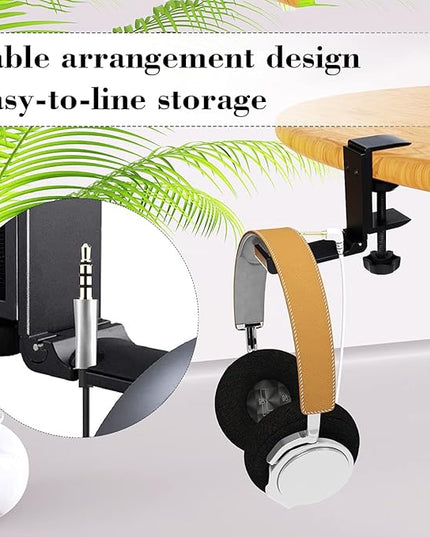 NCHONHONG Headphone Holder Under Desk Hook with Cable Organizer, Foldable Aluminum Headset Mount, Space-Saving Hanger for Most Headphones