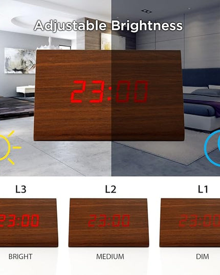 OCT17 Wooden Wood Clock, New Version LED Alarm Digital Desk Clock Adjustable Brightness, Alarm Time, Displays Time Date Temperature - Brown