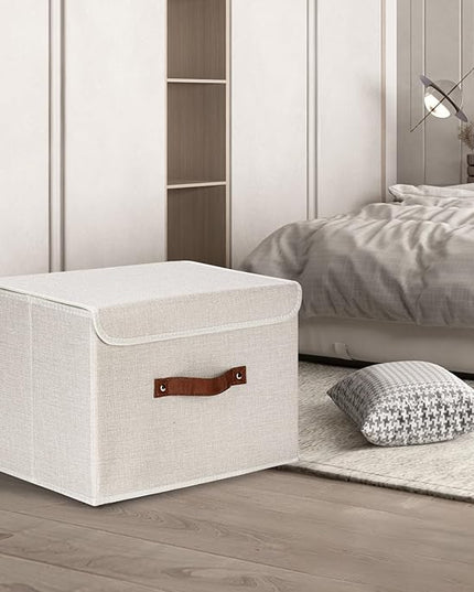 TYEERS Foldable Storage Boxes with Lids 5 Pack Fabric Storage Bins with Lids, Closet Organizers for Clothes Storage, Room Organization, Office Storage, Toys - Beige