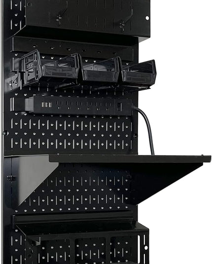 Wall Control Power Tool Storage Organizer Kit Cordless Drill Holder Charging Station Rack 16” x 32” Metal Pegboard Organization System (Black Pegboard)