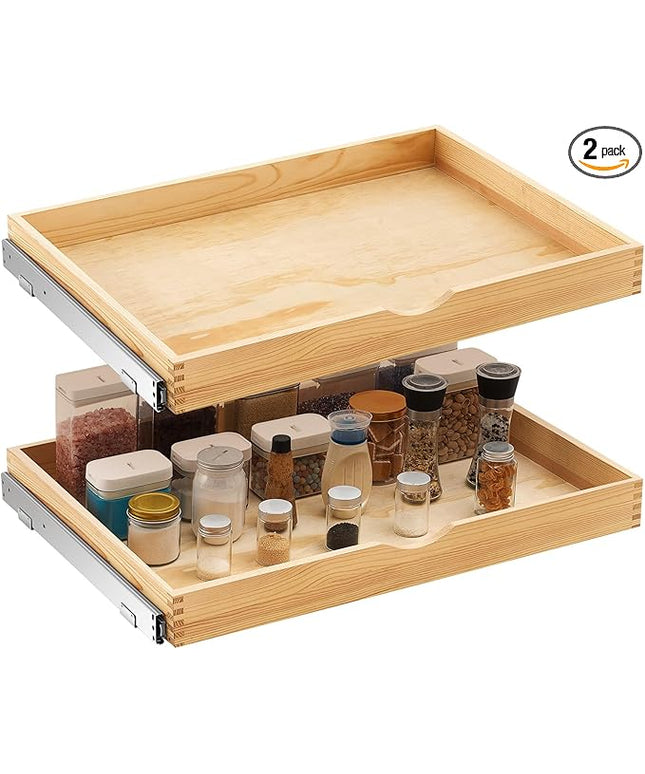 Menkxi 2 Set Pull out Tray Cabinet Organizer Wooden Pull Drawers storage Slide out Pantry Shelf for Base Cabinet Kitchen Gentle Close Fully Assembled Accessories (Wood Color,30'' X 21'' X 3")