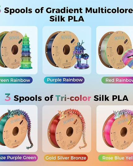 Sovol Silk PLA Filament 10KG Kit, Silk Tri Color & Dual Color Co-Extrusion PLA, Shiny Multicolored Fast Change Rainbow 3D Printer Filament, Glitter PLA Materials 1.75mm 1kg/ 2.2lbs +/-0.03mm
