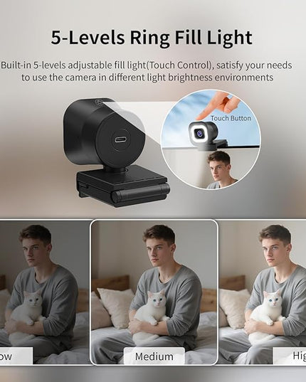 TOALLIN 4K Webcam with Ring Light, Remote Control, PDAF Auto-Focus, 1/2.5" Sensor & 12MP, Built-in Dual Mics, 5X Digital Zoom and Image Mirroring, Web Camera for Live-Streaming/Meeting/Video Calls