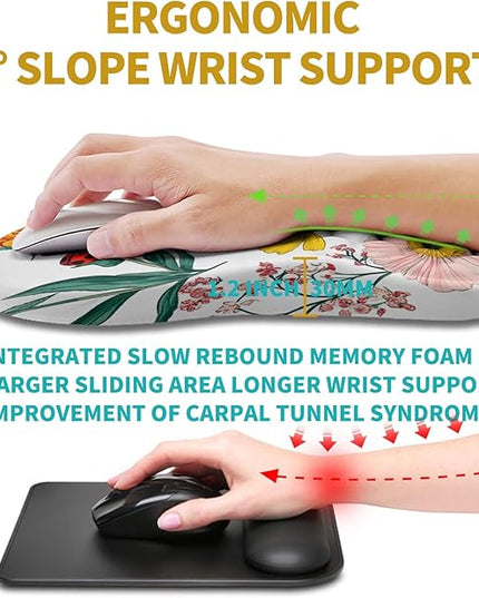 Hokafenle Ergonomic Mouse Pad Wrist Support, Wrist Rest Mousepad for Carpal Tunnel Pain Relief with Integrated Memory Foam Slope Massage Bulge (11.8x7.9 inch,Flowers and Ladybugs