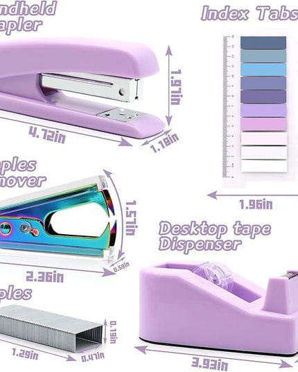 Purple Office Supplies Set, UPIHO Stapler and Tape Dispenser Set, Office Desk Accessories Kit with Stapler, Tape, Remover, Staples, Clips, Scissor and Tabs for Women, Clerks…