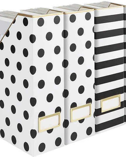 BLU MONACO Set of 4 Magazine File Boxes | 2 Black & White Stripes + 2 Polka Dots | Cardboard File Organizer Boxes for Desk, Office & Classroom Paper Storage – Foldable Magazine Holders