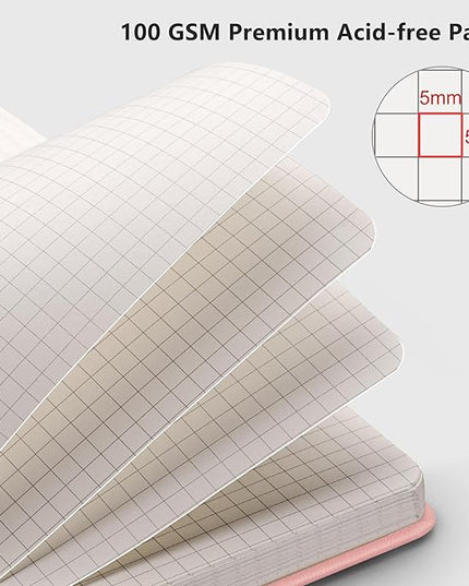 RETTACY Graph Grid Paper Notebook, 192 Pages, A5 Medium Size (5.7'' x 8.3''), 5 Squares per Inch, Leather Hardcover, 100 GSM Thick Paper, for School, Students, Math, Engineering (Pink)