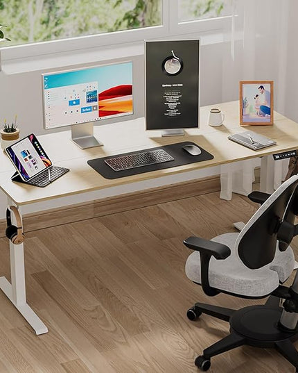 55 x 24 inch Electric Standing Desk Adjustable Height with 4 Wheels, 4 Memory Height Settings, 2 Headphone Hook, Home Office Desk, Splice Board Oak