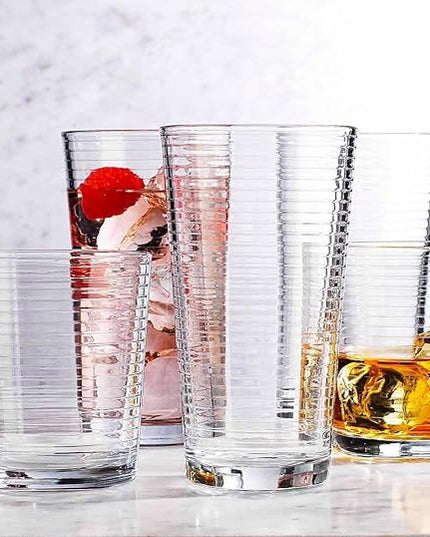 Glaver's Drinking Glasses Set of 12. Everyday Drinking Glasses. Mixed Drinkware Sets 6-17 oz Tall Kitchen Glass Cups, and 6-13 Oz Rocks Glasses. Ribbed Glassware Sets for Cocktail Beer Juice Water.