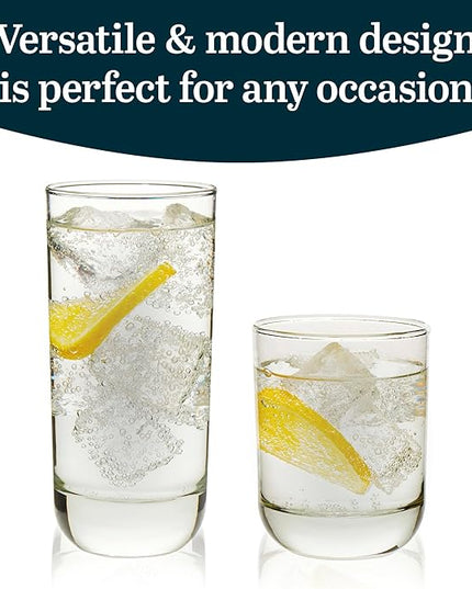 Libbey Drinking Glasses Polaris Tumbler and Rocks Set of 16, Clear, Sturdy Drinkware Glasses Set, Kitchen Glassware for Cocktails, Soda, and More