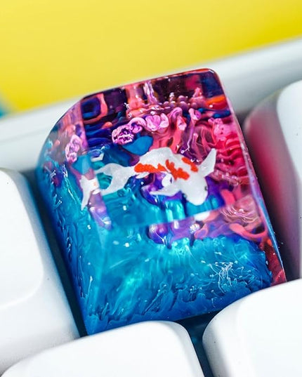 Kohaku Koi Artisan Keycap Blue and Pink Ocean Coral R1 SA Profile Custom Keycaps 1U ESC Handmade Gaming Resin Key Cap Cherry MX Switch Compatible Mechanical Keyboard Koi Lover Gift