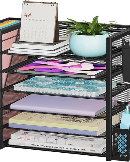 Simple Trending 6 Tier Desk File Organizer, Paper Letter Tray Organizer with File Holder and Pen Container, Black