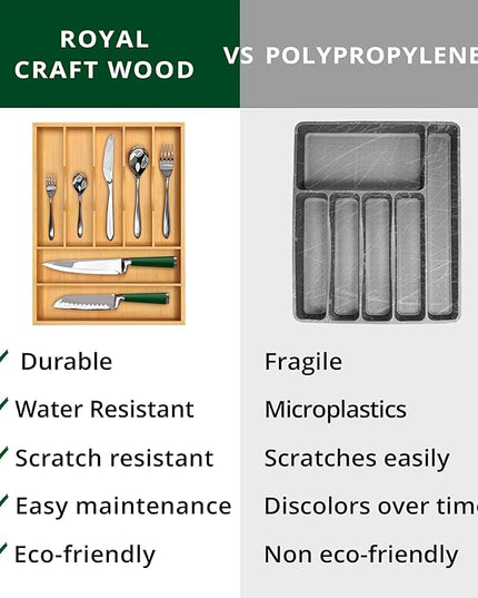 ROYAL CRAFT WOOD Luxury Bamboo Utensil Rack and Silverware Organizer, Kitchen Drawer Organizer - Utensil Holder and Cutlery Tray with Grooved Drawer Dividers for Flatware 7 Slot, Natural