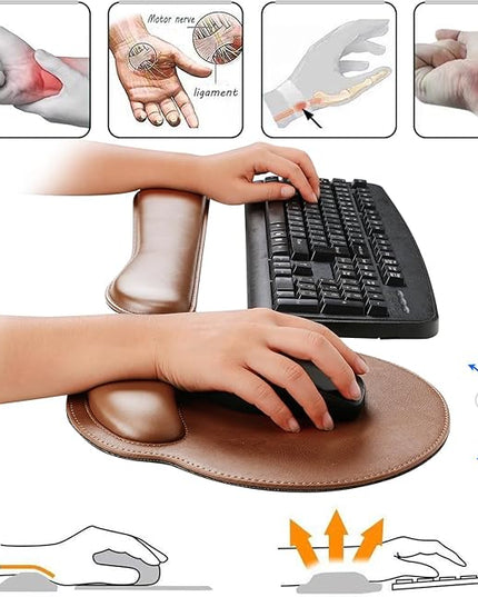 RICHEN Ergonomic PU Leather Keyboard Wrist Rest and Mouse Pad with Wrist Support, Memory Foam Set for Computer/Laptop,Gaming and Office, Comfortable for Easy Typing & Pain Relief (PU Brown)