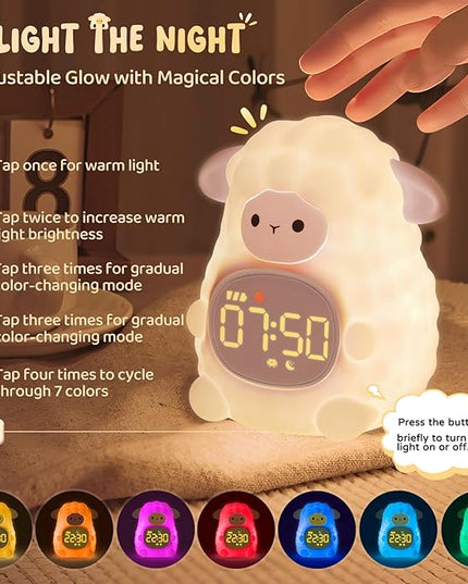 Sheep Alarm Clock with Night Light for Kids with Sleep Training and Sound Machine, Rechargeable Silicone Lamp OK to Wake Clock，Cute Animal Tabletop Lamp, Perfect Sleep Companion for Boys Girls, Pink