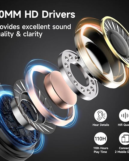 OneOdio Bluetooth Over Ear Headphones, 110 Hrs Wireless/Wired Stereo Sound Foldable Headsets with Deep Bass 50mm Neodymium Drivers for PC/Computer/Podcast- Studio Wireless Pro C, Black