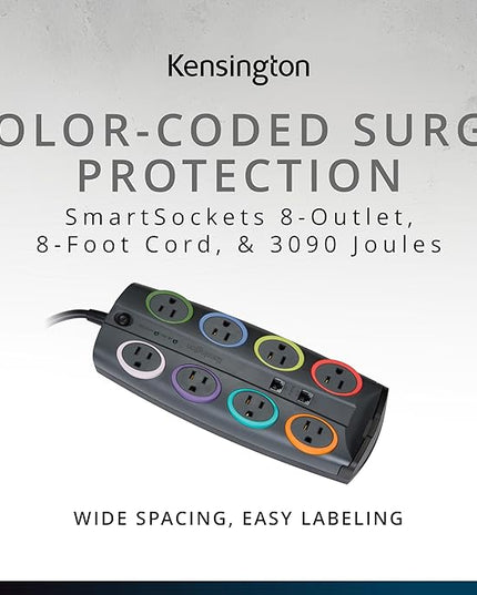 Kensington SmartSockets 8-Outlet, 8-Foot Cord, & 3090 Joules Premium Surge Protector (K62691NA) Gray