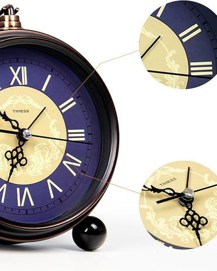 TIMESS Vintage Analog Alarm Clock, 4.3" Silent Non-Ticking Quartz Desk Clock with Roman Numerals, Battery Operated Table Clock for Bedroom, Living Room, Office, or Gift (Blue)