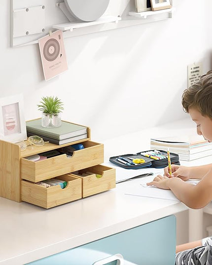 Wisuce Bamboo Desk Organizer - Mini Bamboo Desk Drawer Tabletop Cosmetic Storage Organization for Office or Home (Nature 3 Drawers)