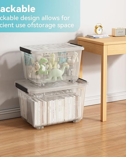 Nazhura 97 Quart Plastic Storage Bin, Stackable and Nestable Storage Boxes with Lids and Secure Latching Buckles, Large Storage Container (Clear, 97Quart-4Pack)