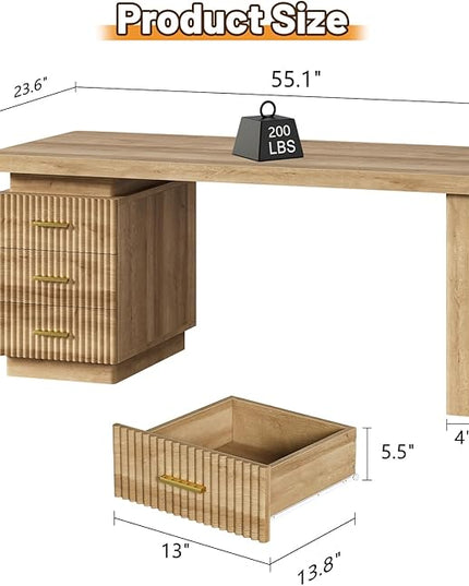 TVU Executive Desk with Drawers, Wooden Computer Desk with 3 Spacious Drawers，55 Inch Modern Office Desk Suitable for Study Room, Living Room, Bedroom, Office, Natural Wood Color