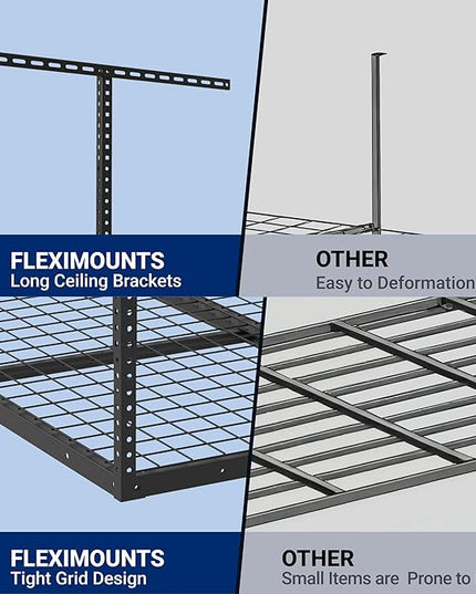 FLEXIMOUNTS 4x4 Overhead Garage Storage Rack, Adjustable Organization System, Heavy-Duty Metal Ceiling Racks, 350lbs Weight Capacity, Black, Classic Series