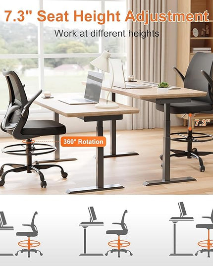 Tall Office Chair for Standing Desks,High Desk Drafting Chair with Adjustable Footrest Ring,Ergonomic Lumbar Support,Flip-Up Armrests for Home Office,Black