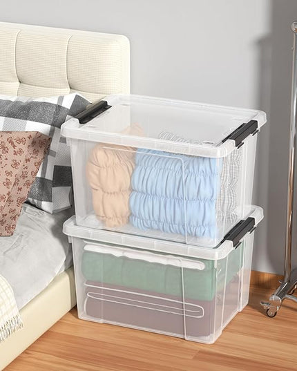 Set of 4 50 L Stackable Plastic Storage Container with Latching Lids and Wheels, Clear Home Garage Organization Bins Box, See-Through