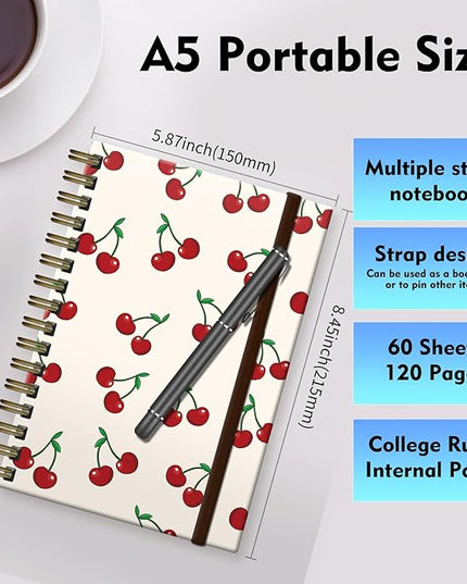 Cute Spiral Journal Notebook,A5 Hardcover Lined Journals for Women Girl 6 x 8.3 in,120 Pages Thick Paper,Cute College Ruled Writing Notebook for Gifts Office Work School (Cute Cherry)