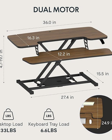 FLEXISPOT Standing Desk Converter 36in Sit to Stand up Riser Height Adjustable Monitor and Laptop Workstation with Spacious 2-Tier Desktop, Walnut Color