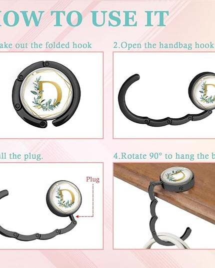 Gold Initial Foldable Purse Hook Gifts, Eucalyptus Letter Handbag Hanger, Women's Bag Hanger Holder, Round Purse Table Hook, Funny Desk Decor Gifts for Women Coworker Friend (Eucalyptus D)