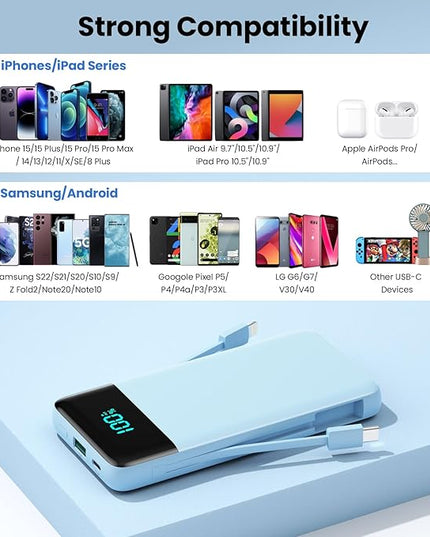 Portable Charger for iPhone with Built in Cables and Wall Plug,Upgraded 13800mAh Fast Charging USB C Power Bank,4 Outputs Travel Essential Battery Pack Compatible with iPhone 17/16/15/14,-Light Blue
