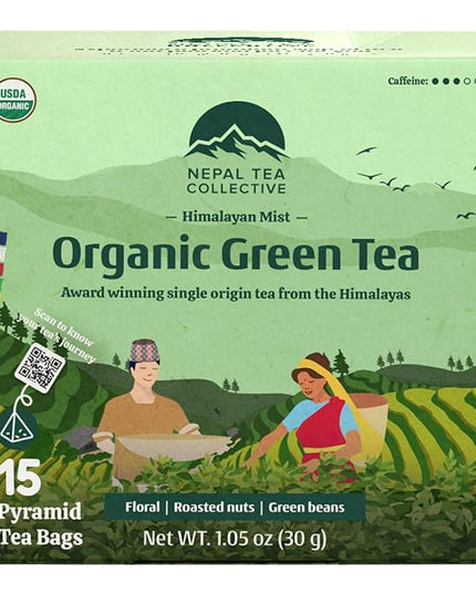 NEPAL TEA Organic Green Tea Bags from the Himalayas - 15 Pyramid Tea Bags, Single Origin from a Family Farm - Green Tea Bags with Loose Leaf Tea Inside (Himalayan Mist)