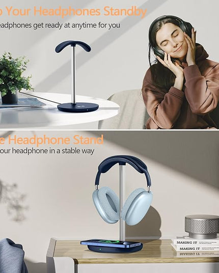 Headphone Stand with Wireless Charger, Gaming Headset Holder Hanger Rack 2 in 1 Wireless Charging Station Dock for iPhone 15/14/13/12/11 Series, Samsung, AirPods Pro/3/2, Aluminum Alloy Rod, Navy Blue