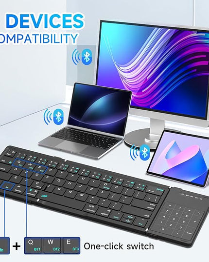 Hllhunkhe Foldable Bluetooth Keyboard with Touchpad, Portable Full Size Keys, Number Pad, Large Trackpad Travel Keyboards for iPad Laptop PC Tablets -Black