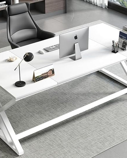 HSH White 70.8" Computer Desk, Modern Large Long Wood Metal Office Desk, Farmhouse Pc Study Work Writing Desk for Two Person, Rustic Double Workstation Executive Desk for Home Bedroom Living Room