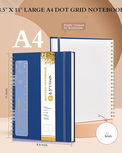 Dotted Notebook, Spiral Notebook Journal 8.5” x 11”, A4 Large Dot Grid Notebooks for Women Men, 100 GSM Dotted Paper, Plastic Hardcover Spiral Bullet Journals for Work School Sketching, Navy