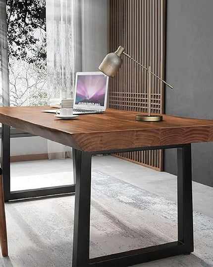 Modern Minimalist Solid Wood Office Desk with Metal Base Easy to Assemble Durable Writing Table Dining Table Computer Desk Multiple Ideal for Living Room and Dining Room (55inch)