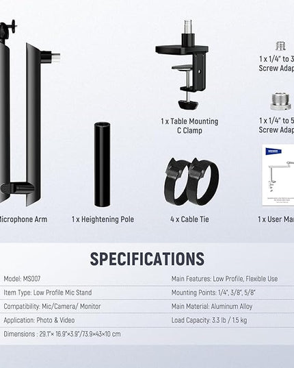 NEEWER Microphone Stand, Low Profile Damped Mic Holder Boom Arm Desk Mount with Ball Head & 3/8" 5/8" Adapters Compatible with Blue Yeti Snowball HyperX QuadCast SoloCast Shure, Max Load 3.3 lb, MS007