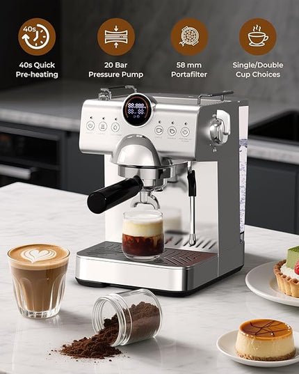 20 Bar Espresso Machine,Hot & Cold Brew Espresso Coffee Maker with Milk Frother,50oz Water Tank,LCD Display,Single & Double,Cappuccino & Latte Machine for Home
