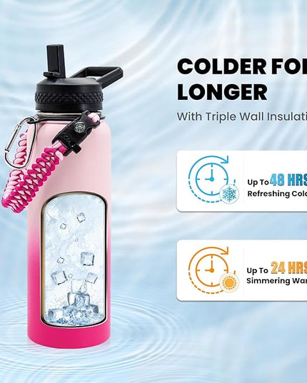 Insulated Water Bottle 40 oz, Triple Wall Vacuum Stainless Steel (Cold for 48 Hrs), Leak Proof & Non-BPA, Modern Water Flask Jug with Paracord Handle & Straw Spout Lids, Ombre Pink