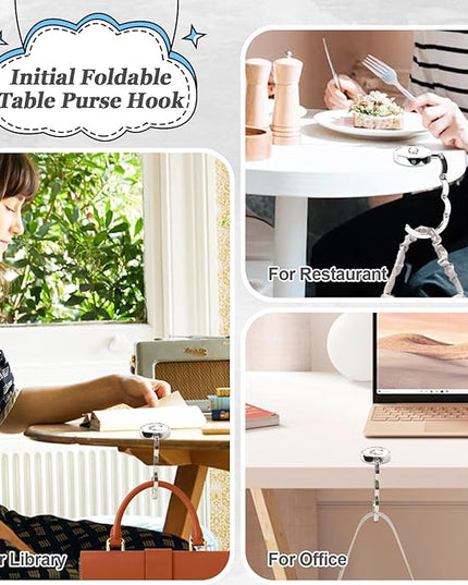 Iqimott 3pcs Personalized Initial Foldable Purse Hook for Table, Flower Letter Folding Handbag Hanger Portable Magnet Table Hook Holder, Collection Desk Purse Hooks for Women Bag (Black-C)