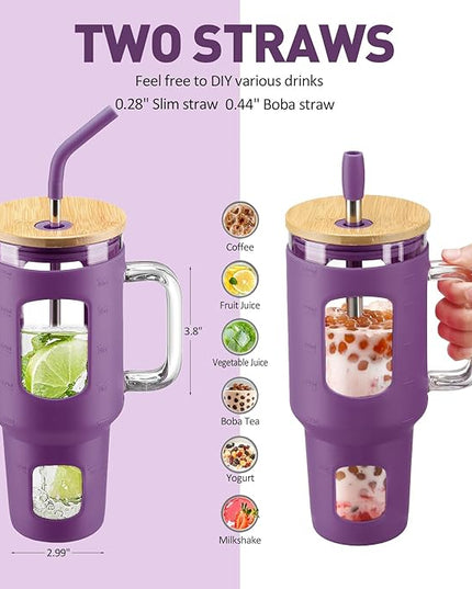 Glass Tumbler with Straw and Lid, 40 oz glass cup with handle, Glass Water Bottles with Time Marker, Silicone Protective Sleeve-Dark Purple
