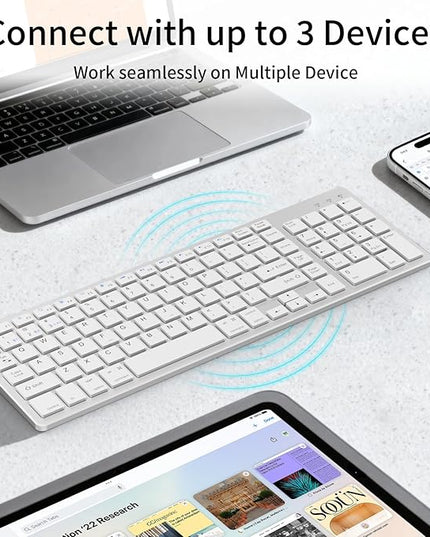 KVTVOU for Ultra-Slim Wireless QWERTY Keyboard, 3-in-1 Connection Modes (Dual Bluetooth+2.4G), Multi-Device Switching, Power-Saving & Anti-Slip, Compatible with PC/Laptop/Tablet/Phone, Sliver