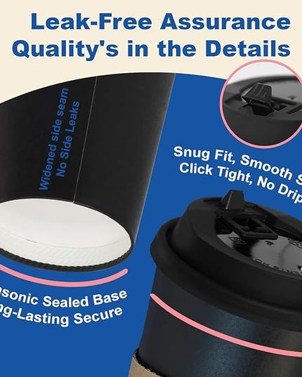 Coolcap 16 oz 100 Pack Coffee Cups with Lids and Sleeves, Straws, Hot Disposable To Go Travel Paper Cups Bulk for Office, Home Coffee Bar Accessories, Chocolate, Cocoa, Beverage (Black)