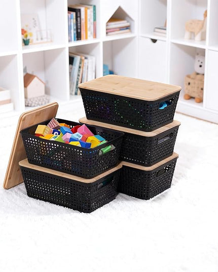 Storage Bins with Lids 6 Packs, Plastic Storage Bins with Bamboo Lids for Pantry Organization and Storage Containers for Shelves Drawers Desktop Closet Office Home, Black