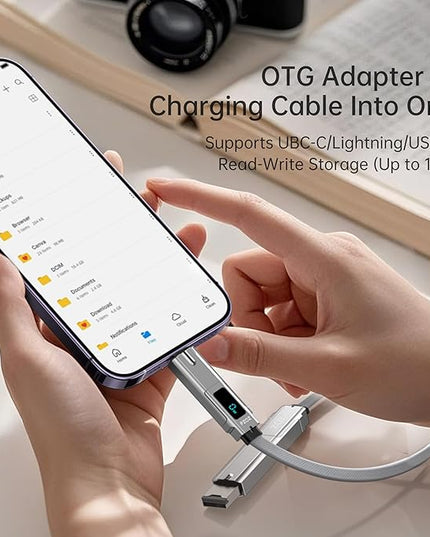 PZOZ Portable Keychain 5-in-1 OTG Cable with USB C Fast Charging LED Display and Micro SD/TF Card Reader, Multi USBC Charger Combo Lightning/Type C/USB A for iPhone iPad MacBook Samsung-140W 7.3 inch